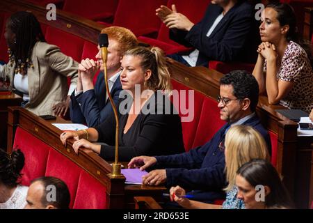 Paris, France. 18 juillet 2023. Mathilde Panot, Présidente du groupe la France insoumise - Nouvelle Union populaire écologique et sociale, vue à l'Assemblée nationale. Séance de questions pour le gouvernement d'Elisabeth borne à l'Assemblée nationale, au Palais Bourbon à Paris. Crédit : SOPA Images Limited/Alamy Live News Banque D'Images