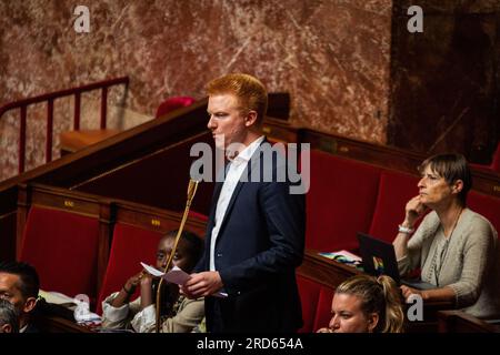 Paris, France. 18 juillet 2023. Adrien Quatennens, député de la France Insoumise, a pris la parole à l'Assemblée nationale. Séance de questions pour le gouvernement d'Elisabeth borne à l'Assemblée nationale, au Palais Bourbon à Paris. Crédit : SOPA Images Limited/Alamy Live News Banque D'Images