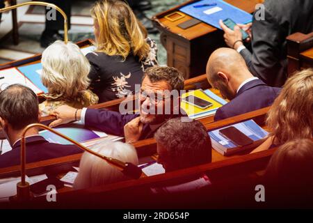 Paris, France. 18 juillet 2023. Olivier Klein, Ministre délégué auprès du Ministre de la transition écologique et de la cohésion territoriale, en charge des villes et du logement, vu lors de la session à l’Assemblée nationale. Séance de questions pour le gouvernement d'Elisabeth borne à l'Assemblée nationale, au Palais Bourbon à Paris. Crédit : SOPA Images Limited/Alamy Live News Banque D'Images