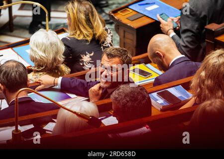 Paris, France. 18 juillet 2023. Olivier Klein, Ministre délégué auprès du Ministre de la transition écologique et de la cohésion territoriale, en charge des villes et du logement, vu lors de la session à l’Assemblée nationale. Séance de questions pour le gouvernement d'Elisabeth borne à l'Assemblée nationale, au Palais Bourbon à Paris. (Photo Telmo Pinto/SOPA Images/Sipa USA) crédit : SIPA USA/Alamy Live News Banque D'Images