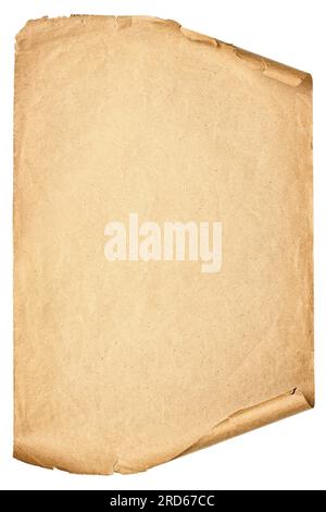 Rouleau ancien isolé sur fond blanc. Texture du manuscrit en papier avec des bords minables Banque D'Images