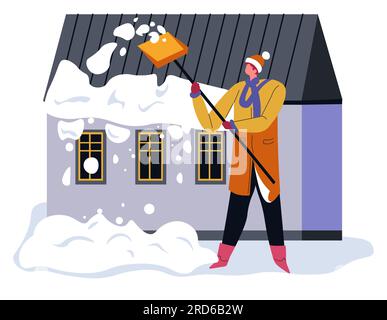 Homme nettoyant la neige à la maison, hiver à l'extérieur Illustration de Vecteur