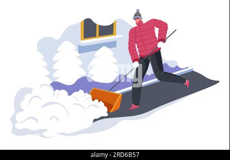 Un homme qui nettoie la route de la neige à la maison Illustration de Vecteur