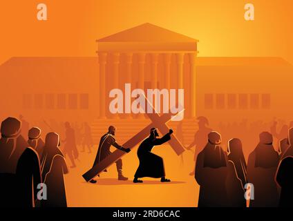 Illustration vectorielle biblique du chemin de la Croix ou des stations de la Croix, deuxième station, Jésus accepte sa croix. Illustration de Vecteur