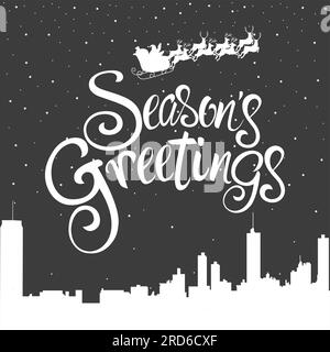 Type de police de script cartes de vœux de saison pour carte de vœux, le Père Noël volant sur le paysage urbain pendant l'hiver Illustration de Vecteur