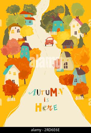Mignon Cartoon maisons colorées avec des arbres d'automne Illustration de Vecteur