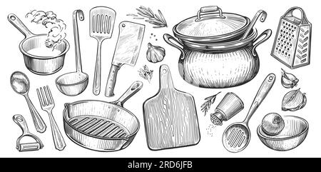 Concept de cuisine. Ustensiles de cuisine dans le style de gravure vintage. Illustration de l'esquisse Banque D'Images