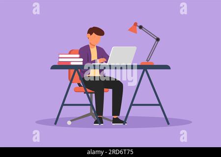 Personnage plat dessin jeune homme étudiant avec ordinateur portable, lampe de bureau, pile de livre. Retour à l'école, étudiant intelligent, éducation d'apprentissage en ligne. Bus Banque D'Images