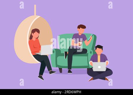 Dessin de style plat de dessin animé groupe de personnes avec ordinateur portable à la maison. Homme sur le canapé, homme assis sur le sol, femme assise sur la chaise de balançoire, dactylographie ou goujon Banque D'Images