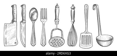 Ensemble d'outils de cuisine. Concept de cuisine. Esquissez une illustration vintage pour le menu du restaurant ou du dîner Banque D'Images