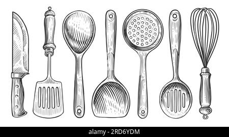 Concept de cuisine. Ensemble d'outils de cuisine, style de gravure ancien. Esquissez une illustration vintage pour le menu du restaurant ou du dîner Banque D'Images