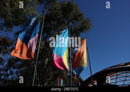 Sydney, Australie. 19 juillet 2023. Drapeaux faisant la promotion de la coupe du monde féminine de la FIFA 2023 qui débutera le 20 juillet, organisée conjointement par l'Australie et la Nouvelle-Zélande. Crédit : Isabel Infantes/Empics/Alamy Live News Banque D'Images
