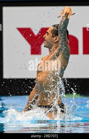 Fukuoka, Japon. 19 juillet 2023. Dennis Gonzales Boneu d'Espagne participe à la finale Solo Free Men lors des 20e Championnats du monde de natation au Marine Messe Hall A à Fukuoka (Japon), le 19 juillet 2023. Crédit : Insidefoto di andrea staccioli/Alamy Live News Banque D'Images