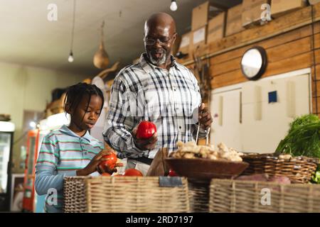 Grand-père et petit-fils afro-américains faisant des achats à l'épicerie biologique d'aliments naturels Banque D'Images