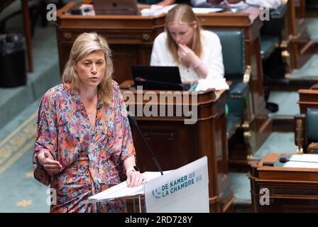 Bruxelles, Belgique. 19 juillet 2023. La ministre de l'intérieur Annelies Verlinden et Melissa Depraetere de Vooruit photographiées lors d'une session plénière de la Chambre au Parlement fédéral à Bruxelles le mercredi 19 juillet 2023. BELGA PHOTO BENOIT DOPPAGNE crédit : Belga News Agency/Alamy Live News Banque D'Images