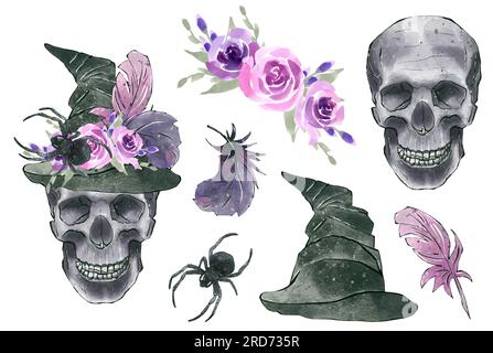 Ensemble d'éléments pour Halloween. Collection vintage noir et rose dans un style aquarelle Banque D'Images