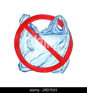 Illustration aquarelle dit pas d'affiche avec sac en plastique. Signe d'interdiction de cellophane jetable et sac plastique. Concept de problème de pollution. Le pac Banque D'Images