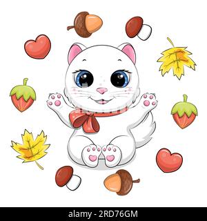 Mignon chat blanc de dessin animé dans le cadre d'automne. Illustration vectorielle d'un animal avec des glands, des noix, des feuilles jaunes, des champignons et des coeurs sur un fond blanc. Illustration de Vecteur