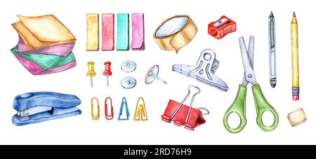 Collection d'illustrations aquarelle bloc chitikers, signets, ruban adhésif, taille-crayon, stylo, crayon, pince, ciseaux, gomme, trombones, boutons Banque D'Images