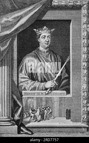 Une des premières illustrations du roi Henri II (1133-1189) d'Angleterre. Il est devenu mal à l'aise que Richard de Clare (Strongbow) et d'autres sujets loyaux deviennent trop habitués au mode de vie de l'Irlande, alors il a envahi l'Irlande avec une flotte de 400 navires pour transporter son armée et ses armes en octobre 1171, C'est la première fois qu'un monarque anglais met les pieds en Irlande. Arrivés en Irlande, les Lords, confrontés à la force d'invasion massive, acceptèrent de rester fidèles au roi Henri II qui continua à construire de nombreux châteaux pour protéger ses territoires nouvellement conquis. Banque D'Images