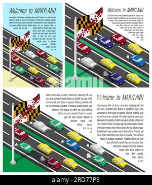 Drapeau isométrique de l'état américain du Maryland sur mât battant dans le vent. Traversée de la frontière du Maryland en voiture voyage. Ensemble d'informations horizontal, squa Illustration de Vecteur