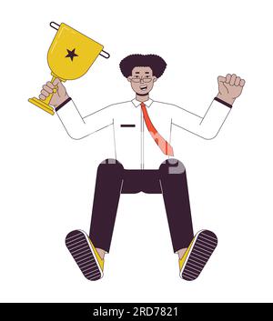 Employé hispanique excité tenant le personnage de vecteur de couleur de ligne plate de coupe de trophée Illustration de Vecteur