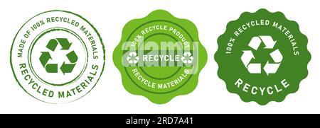 Recycler emblème rond étiquette 100% fabriqué à partir de matériaux de recyclage vert Illustration de Vecteur