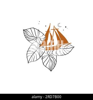 Vecteur dessiné à la main abstrait simple minimaliste dessin graphique dessin tropical icône de yacht de voyage signe isolé.Summer yacht boat design moderne Illustration de Vecteur