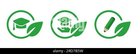 chapeau de diplômé et crayon dans les feuilles vertes cercle symbole de l'icône écologique de l'école favorable à l'environnement éducation d'étude écologique Illustration de Vecteur