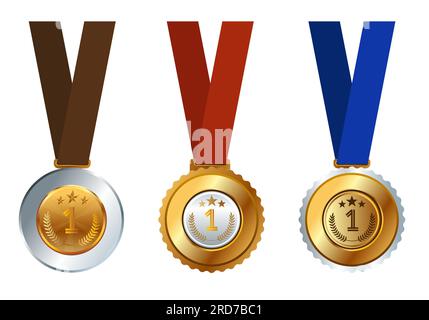 Médaillon 1e vainqueur médaille d'or avec collection d'ensemble de ruban suspendu Illustration de Vecteur