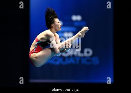 Fukuoka, Japon. 19 juillet 2023. Chen Yuxi, de Chine, participe à la finale de plate-forme féminine du 10m des Championnats du monde aquatiques 2023 à Fukuoka, au Japon, le 19 juillet 2023. Crédit : Xu Chang/Xinhua/Alamy Live News Banque D'Images