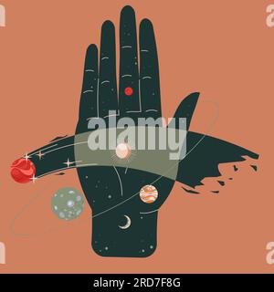 Corps palmier et céleste, planètes étoiles à portée de main Illustration de Vecteur