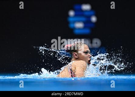 Fukuoka, Japon. 19 juillet 2023. Audrey Lamothe, du Canada, participe à la finale de natation artistique féminine des Championnats du monde de natation 2023 qui a eu lieu à Fukuoka, au Japon, le 19 juillet 2023. Crédit : Xia Yifang/Xinhua/Alamy Live News Banque D'Images