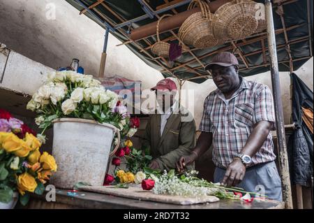 (230719) -- NAIROBI, 19 juillet 2023 (Xinhua) -- des vendeurs taillent des fleurs qui seront vendues sur un marché de Nairobi, Kenya, le 10 juillet 2023. (Xinhua/Wang Guansen) Banque D'Images