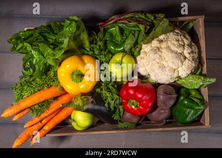 Concept d'achat du marché biologique de la ferme, boîte en bois avec l'été, les légumes crus d'automne et les fruits Banque D'Images