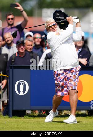 L'américain John Daly lors d'une ronde d'essais avant l'Open au Royal Liverpool, Wirral. Date de la photo : mercredi 19 juillet 2023. Banque D'Images