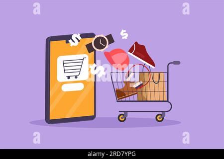 Personnage plat dessin smartphone et panier avec des produits achetés en ligne. E-commerce et marketing numérique. Concept de commande au panier. St. En ligne Banque D'Images