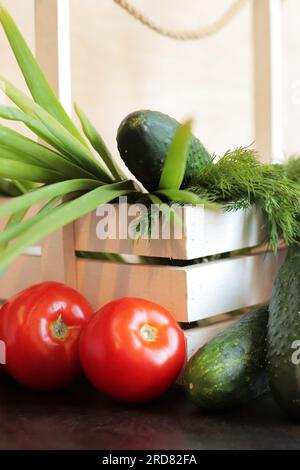 Ensemble de différents légumes frais gros plan. Panier blanc en bois avec récolte. Concombres, tomates, radis, oignons verts et aneth. Fraîchement récolté Banque D'Images