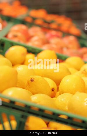 Vente de fruits dans le magasin, fruits dans des boîtes en plastique. Vente de citrons, mise au point sélective, fond flou. Produits dans le supermarché Banque D'Images