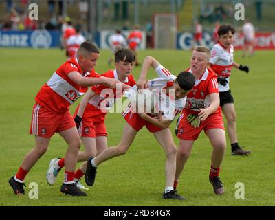 Des élèves de l'école primaire jouant au football gaélique au Owenbeg Centre of Excellence, comté de Derry. Photo : George Sweeney / Alamy stock photo Banque D'Images