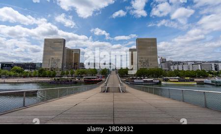 Les 4 tours du site François Mitterrand de la Bibliothèque nationale de France (BNF) photographiées depuis la passerelle Simone-de-Beauvoir, Paris, France Banque D'Images