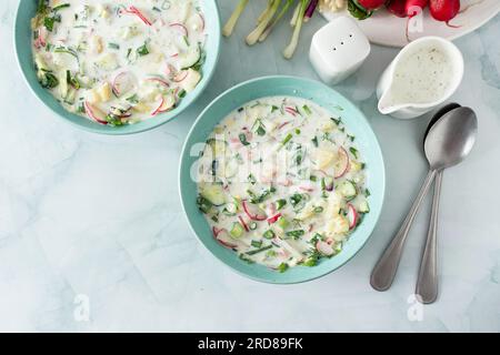 Soupe froide d'été Okroshka, soupe avec légumes et saucisses, œufs et herbes fraîches et yaourt, soupe russe traditionnelle Banque D'Images