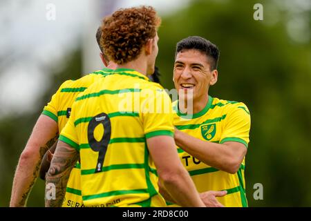 Dirkshorn, pays-Bas. 19 juillet 2023. DIRKSHORN, PAYS-BAS - 19 JUILLET : Marcelino Nunez du Norwich City FC célèbre le but lors du match amical de pré-saison entre AZ et Norwich City FC au V.V. Dirkshorn le 19 juillet 2023 à Dirkshorn, pays-Bas (photo de Patrick Goosen/Orange Pictures) crédit : Orange pics BV/Alamy Live News Banque D'Images