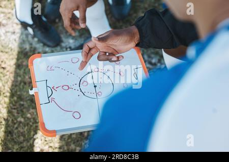 Mains, équipe de football ou entraîneur planifiant une stratégie avec des tactiques ou formation sur le terrain de sport. Tableau, fitness ou gros plan de l'enseignement du Manager Banque D'Images