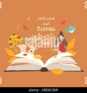 Livre ouvert de dessin animé avec des feuilles d'automne et des champignons Illustration de Vecteur