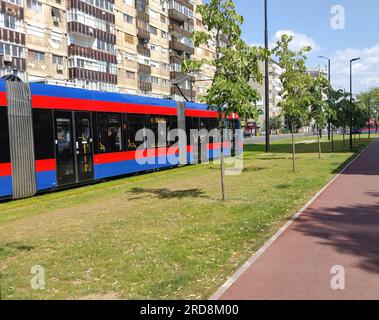 Tram dans la ville d'Oradea, Roumanie, en été Banque D'Images