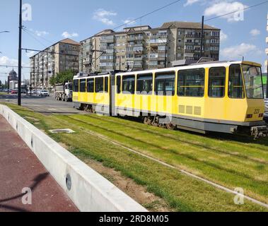 Tram dans la ville d'Oradea, Roumanie, en été Banque D'Images