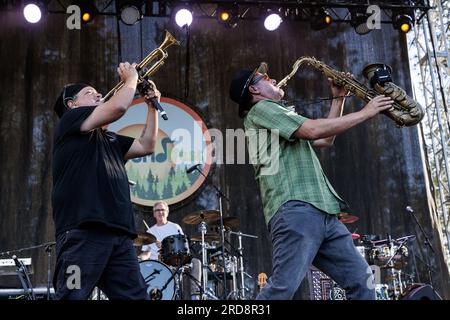 Grass Valley, États-Unis. 14 juillet 2023. California WorldFest accueille Ozomatli, groupe de Los Angeles gagnant un Grammy Grammy, dans le rôle de Western U.S. La canicule continue. Du 13 au 16 juillet 2023 (photo de Penny Collins/NurPhoto) crédit : NurPhoto SRL/Alamy Live News Banque D'Images