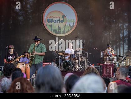 Grass Valley, États-Unis. 14 juillet 2023. California WorldFest accueille Ozomatli, groupe de Los Angeles gagnant un Grammy Grammy, dans le rôle de Western U.S. La canicule continue. Du 13 au 16 juillet 2023 (photo de Penny Collins/NurPhoto) crédit : NurPhoto SRL/Alamy Live News Banque D'Images