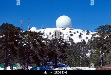 Chypre. Mont Olympe en hiver. Dôme géodésique de la station radar de base britannique au sommet. Banque D'Images